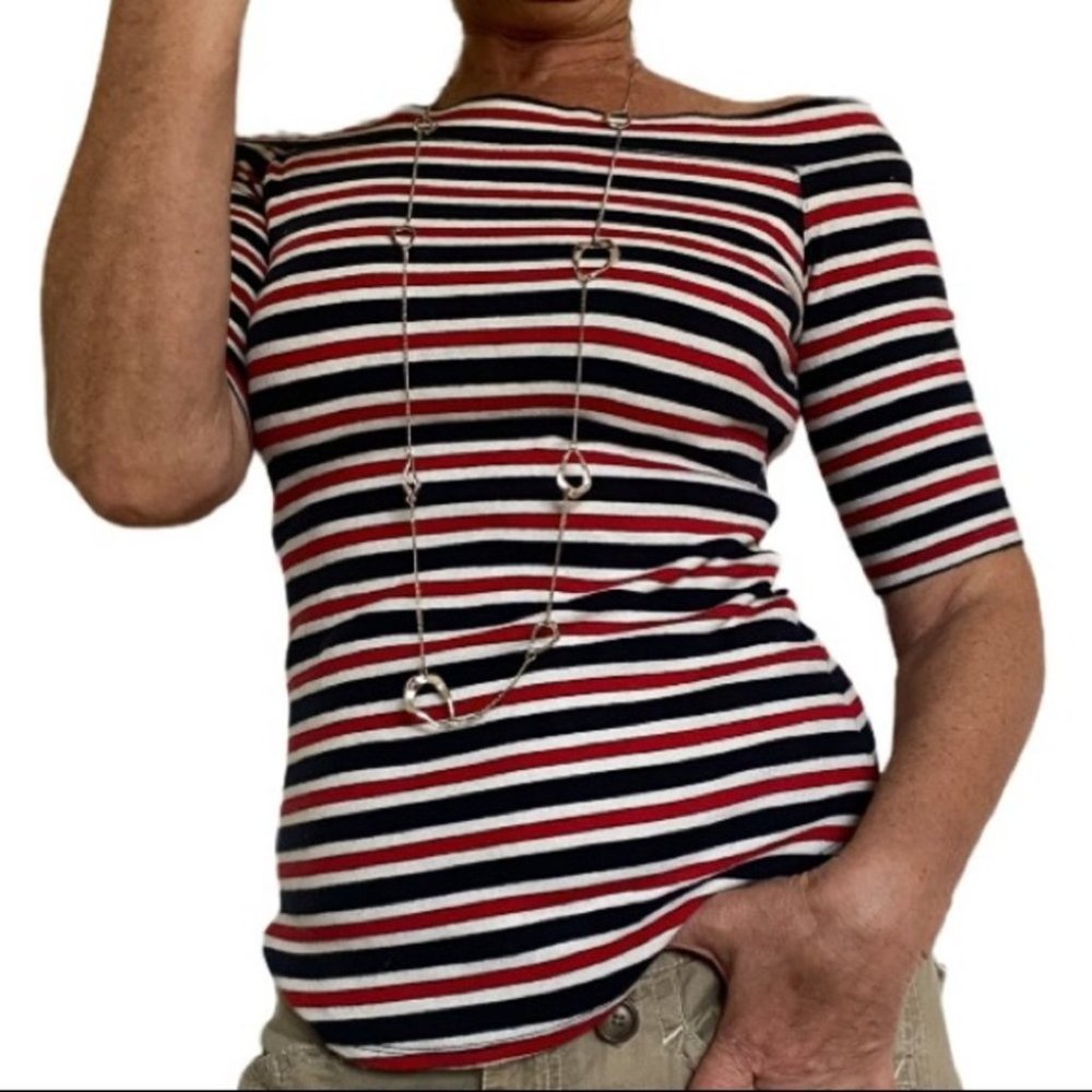 Patriotic Red White & Blue Striped Off Shoulder 3/4 Sleeve Cotton Blend Top S